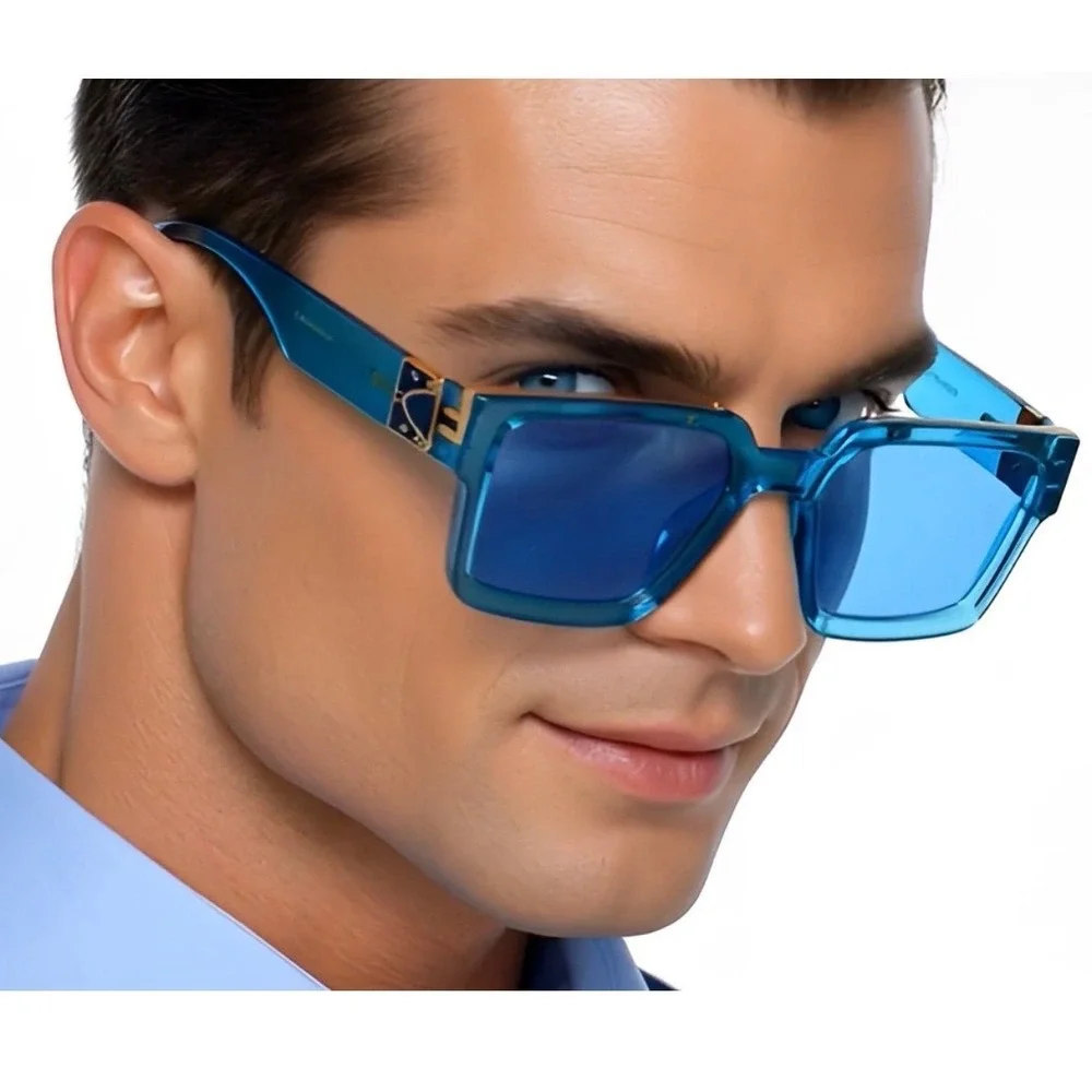 Mens‎ Square Oversized Sunglasses Translucent Blue Gold Hip Hop Flat Top Luxury